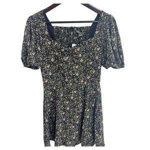 French Connection Black Floral Smocked Puff Sleeve Square Neck Mini Dress Size 6